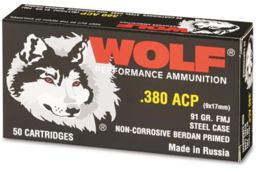 Image of Wolf Ammo .380 ACP 91 Grain Full Metal Jacket Steel Pistol Ammo , 50 Rounds, 917WFMJ