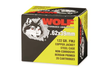 Image of Wolf Ammo 7.62x39mm 122 Grain Full Metal Jacket Steel Rifle Ammo , 20 Rounds, Copper, 762WCFMJ
