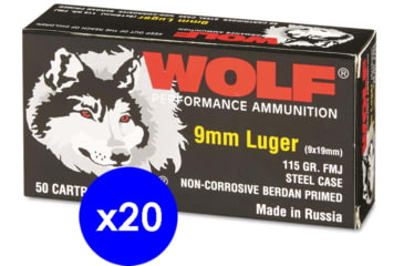 Image of Wolf Ammo, 9mm Luger 115 grain Full Metal Jacket Steel Centerfire Pistol Ammo, 1000 Rounds
