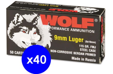 Image of Wolf Ammo, 9mm Luger 115 grain Full Metal Jacket Steel Pistol Ammo, 2000 Rounds