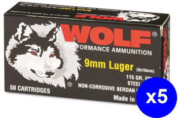 Image of Wolf Ammo, 9mm Luger, 115 grain, Full Metal Jacket, Steel, Pistol Ammo, 250 Rounds