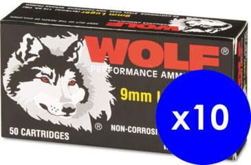 Image of Wolf Ammo, 9mm Luger, 115 grain, Full Metal Jacket, Steel, Pistol Ammo, 500 Rounds, 919WFMJ