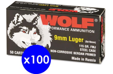Image of Wolf Ammo, 9mm Luger 115 grain Full Metal Jacket Steel Pistol Ammo, 5000 Rounds