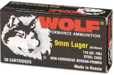 Image of Wolf Ammo 9mm Luger 115 grain Full Metal Jacket Steel Casing Pistol Ammo,50 Rounds, 919WFMJ