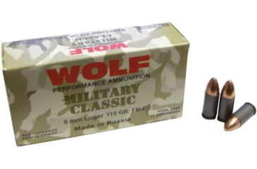 Image of Wolf Ammo Miltary Classic Handgun Ammo 9mm Luger 115 gr FMJ 1150 fps 50/box, MC919FMJ