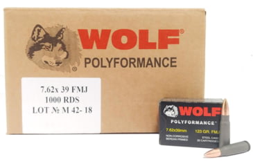 Image of Wolf Ammo WPA Polyformance Rifle Ammo 7.62x39mm 123 gr FMJ 2936 fps 1000/ct, 762BFMJ CASE