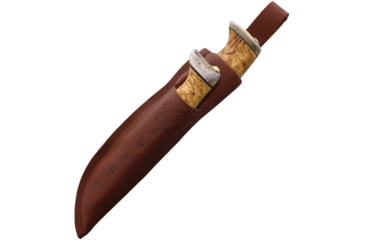 Image of Wood Jewel Curly Fixed Blade Knife Set, 8.25in Overall w/ 3.5in Blade, 7.5in Overall w/ 3in Carbon Steel Blade, Curly Birch Handle, Leather Sheath, 23NA