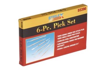 Image of Steelex Stainless Steel Dental Pick Set, 9 Different Pick Styles, Slim Hexagonal Bodies, 6 pc., 5.75 in. Average Tool Length D3390