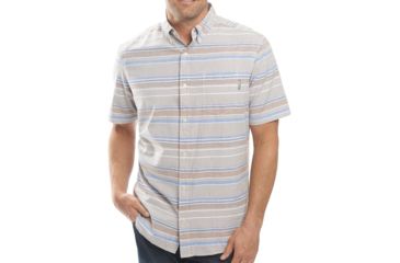 Image of Woolrich Seaport Oxford Yarn-Dye Short Sleeve - Mens-Khaki Strip-Large