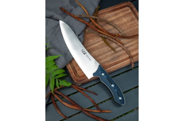 Image of Xin Cutlery XinCross Tactical Chef's Knife, 14.25in Overall, 8in Satin Special Powder Alloy Blade, Black/Blue G10 Handle, Leather Sheath, XC112