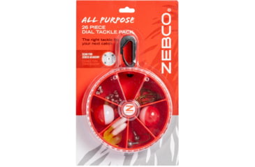 Image of Zebco All Purpose Fishing Tackle Dial Pack, 26 Total Pieces, Hooks, Sinkers, Bobbers, Jig Heads, Grubs, 360-Degree Rotating Carabiner, Rotating Locking Clear Plastic Lid, Red, ZAPDIALPACK.CP4