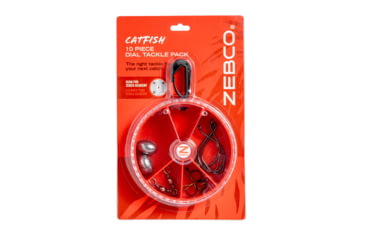 Image of Zebco Catfish Fishing Tackle Dial Pack, 10 Total Pieces, Hooks, Sinkers, Swivels, Treble Hooks, 360-Degree Rotating Carabiner, Rotating Locking Clear Plastic Lid, Red, ZCTFSHDIALPACK.CP4
