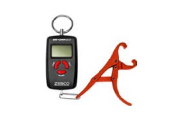 Image of Zebco De-Liar 2.0 Digital Fish Scale, 50lbs/23-Kilograms Capacity, Compact Design, Durable Construction, Non-Puncturing Clamp-Style Lip Grip, Black/Red, ZDELIAR.FB4
