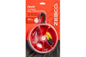 Image of Zebco Pond Fishing Tackle Dial Pack, 14 Pieces, Hooks, Sinkers, Bobber, Jig Heads, Inline Spinner, Paddle Tail Grubs, Rotating Carabiner, Rotating Locking Clear Plastic Lid, Red, ZPONDIALPACK.CP4