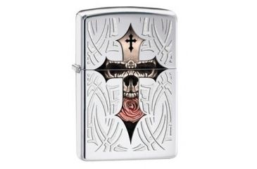 Image of Zippo Cross-Adorned Skull Lighter, High Polish Chrome 28874