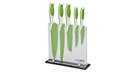 Image of Boker USA 5pc Colorcut Knife Set w/Block,CrMoV Steel Blade,Apple Green Handle,Santoku,Chef,Bread,Utility,Vegetable 03CT221