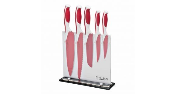 Image of Boker USA 5pc Colorcut Knife Set w/Block,CrMoV Steel Blade,Raspberry Red Handle,Santoku,Chef,Bread,Utility,Vegetable 03CT121