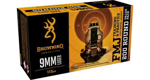 Image of Browning Training and Practice 9mm Luger 115 Grain Full Metal Jacket Brass Cased Centerfire Pistol Ammo, 200 Rounds, B191800096
