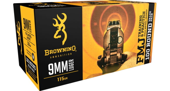 Image of Browning Training and Practice 9mm Luger 115 Grain Full Metal Jacket Brass Cased Centerfire Pistol Ammo, 100 Rounds, B191800094