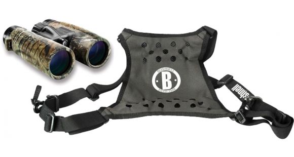 Image of Bushnell 10x42 Trophy XLT Roof Prism Waterproof Binocular, AP Camo 234211 and Bushnell Deluxe Binocular Harness Strap 191225