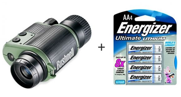 Image of Bushnell Night Watch 2x24 IR Illuminator Night Vision Monocular, Green/Black 260224 w/ Energizer E2 Performance Lithium AA Batteries, 4-pack L91BP-4