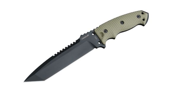 Image of Hogue EX-F01 7in Fixed Tanto A-2 Steel Blade w/Black Automatic Retention Sheath, Black Finish, G10 Olive Drab Green Scales, 35108