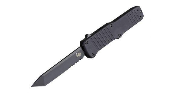 Image of Hogue HK Hadron 3.375in Out the Front Automatic Tanto Blade, Partially Serrated, Black Finish PVD, Matte Black, 54000
