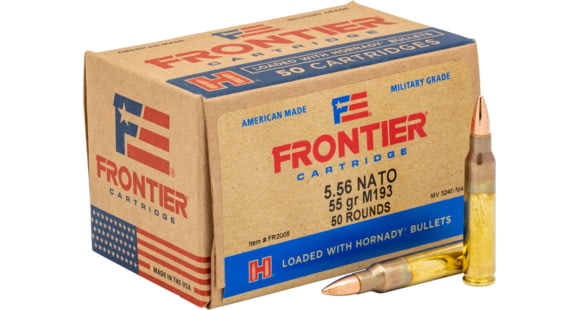 Image of Hornady Frontier 5.56x45mm NATO 55 grain Full Metal Jacket Brass Cased Centerfire Rifle Ammo, 50 Rounds, FR2005