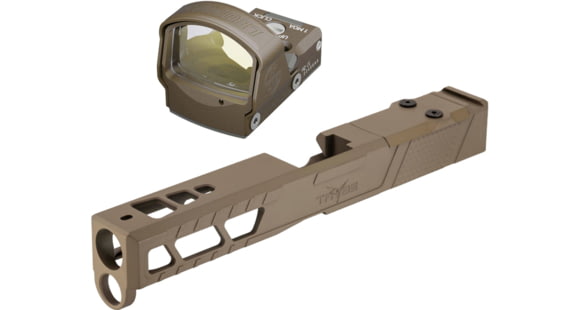 Image of Leupold DeltaPoint Pro 6 MOA Dot Red Dot Sight, Flat Dark Earth and TRYBE Defense Pistol Slide, Glock 17, Gen 5, DeltaPoint Pro Cut, Version 2, FDE Cerakote
