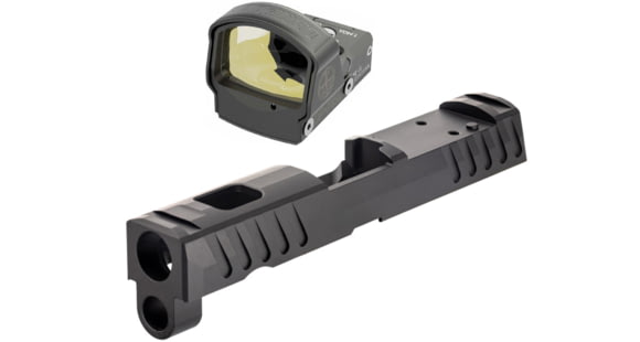 Image of Leupold DeltaPoint Pro 6 MOA Dot Red Dot Sight, Matte Black and TRYBE Defense Sig Sauer P320 Pistol Slide, DeltaPoint Pro Cut, Black