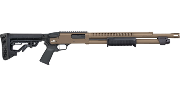 Image of Mossberg 590R 3in Adj Tactical Pump Shotgun, 12 Gauge, 18.5 inch Barrel, Synthetic FDE Stock, Bead Sight, 6 Round Capacity, Cerakote FDE, 50756