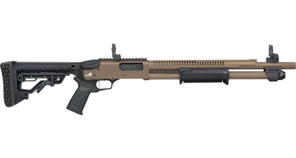 Image of Mossberg 590R 3in Adj Tactical Pump Shotgun, 12 Gauge, 18.5 inch Barrel, Synthetic FDE Stock, Magpul Mbus Flip-Up Sights, 6 Round Capacity, Cerakote FDE, 50758