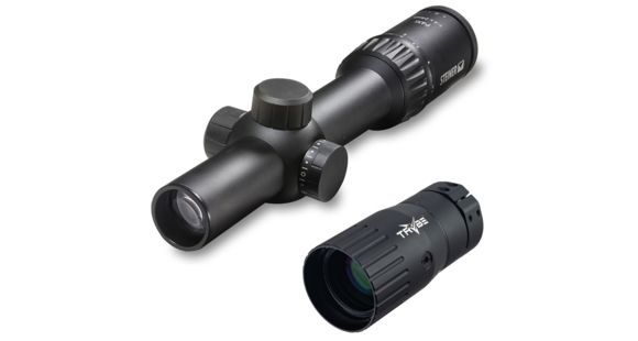 Image of OpticsPlanet Exclusive Steiner P4Xi Rifle Scope, 1-4x24mm, 30mm Tube, Second Focal Plane, P3TR Reticle, Matte, Black, w/ TRYBE Optics Enhancer, 5202-KIT1