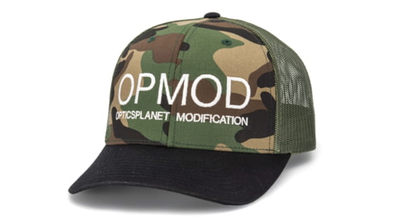 Image of OPMOD Trucker Hat Embroidered Logo, Green Camo/Loden/Black, OPM-Gro/Lod/Bla Camden/Bck