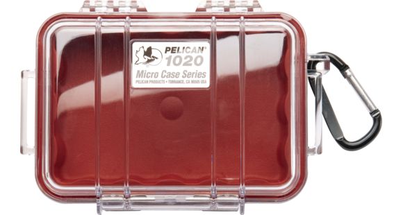 Image of Pelican 1020 Micro Watertight Dry Box, 6.37x4.75x2.12in, Clear Red w/Carabiner, 1020-028-100
