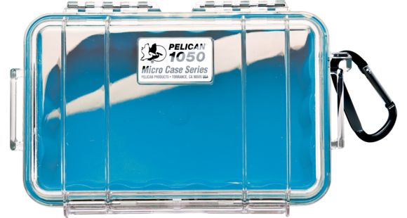 Image of Pelican 1050 Micro Watertight Crushproof Dry Box, 7.50x5.06x3.12in - Clear, Blue Liner w/ Carabiner Loop