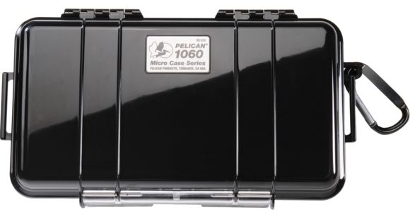 Image of Pelican 1060 Micro Water/Crushproof Dry Box, 9.37x5.56x2.62in - Solid Black w/Carabiner