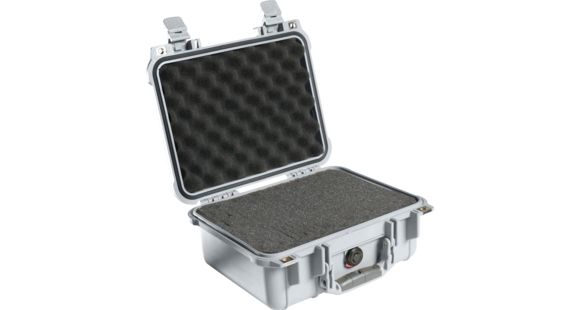 Image of Pelican 1400 Small 13x11x6in Protector Waterproof Carry Case, Silver w/ Foam