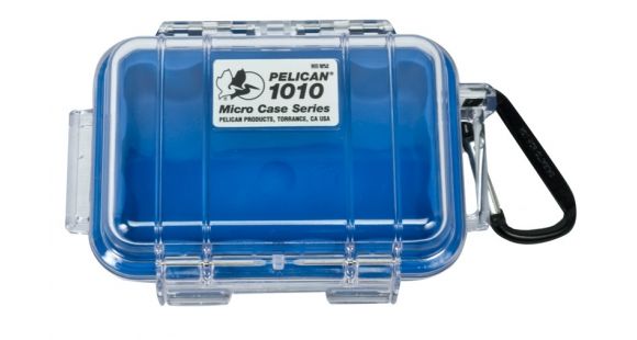 Image of Pelican 1010 Micro Water/Crushproof Dry Box, 5.43x4.06x2.12in - Clear, Blue Liner w/Carabiner 026-100