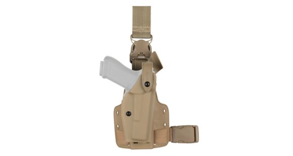 Image of Open Box, Dealer Demo, Safariland SLS Tactical Holster w/ Quick Release Leg Harness, Right Hand, STX FDE Brown Leg Shroud Single Strap and Hood Guard/Sentry Installed 6005-140-551-SP10-SH