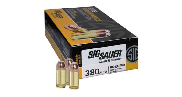 Image of SIG SAUER Elite Performance .380 ACP 100 Grain Full Metal Jacket Brass Cased Centerfire Pistol Ammo, 50 Rounds, E380B1-50