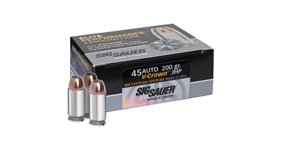 Image of SIG SAUER V-Crown .45 ACP 230 Grain Jacketed Hollow Point Brass Cased Centerfire Pistol Ammo, 20 Rounds, E45AP2-20