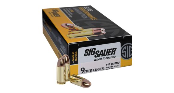 Image of SIG SAUER Elite Ball 9 mm Luger 115 grain Full Metal Jacket Brass Cased Centerfire Pistol Ammo, 50 Rounds, E9 mmB1-50
