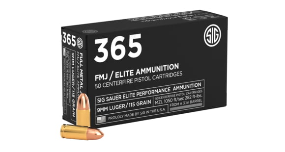 Image of SIG SAUER Elite Ball P365 9mm Luger 115 Grain Full Metal Jacket Brass Cased Centerfire Pistol Ammo, 1000 Round