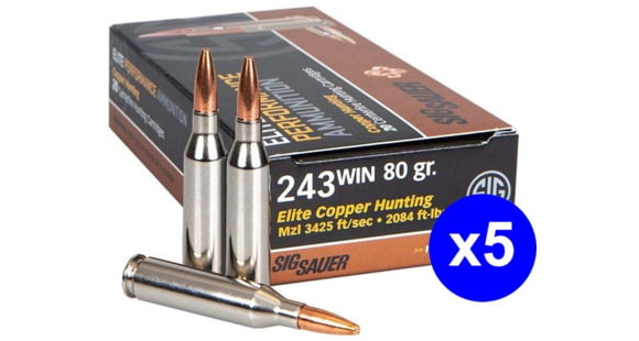 Image of SIG SAUER Elite Copper Hunting Rifle Ammo .243 Winchester 80 grain Hunting Tipped Brass Cased Centerfire Rifle Ammo