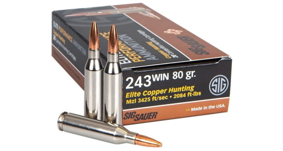 Image of SIG SAUER Elite Copper Hunting Rifle Ammo .243 Winchester 80 grain Hunting Tipped Brass Cased Centerfire Rifle Ammo, 20 Rounds, E243H1-20