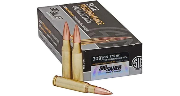 Image of SIG SAUER Elite Match Grade .308 Winchester 175 grain Open Tip Match Brass Cased Centerfire Rifle Ammo, 20 Rounds, E308M2-20