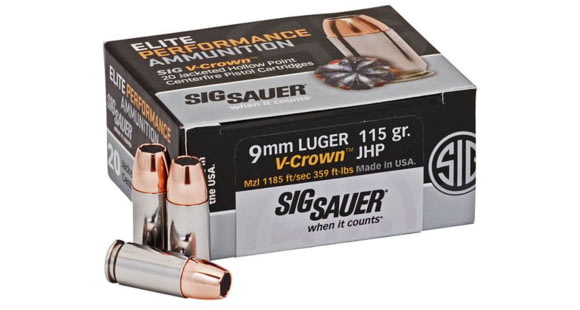 Image of SIG SAUER Elite V-Crown 9mm Luger 115 Grain Jacketed Hollow Point Brass Cased Centerfire Pistol Ammo, 20 Rounds, E9 mmA1-20