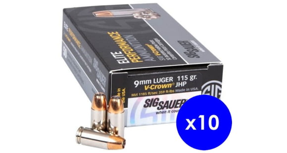 Image of SIG SAUER Elite V-Crown 9mm Luger 115 Grain Jacketed Hollow Point Brass Cased Centerfire Pistol Ammo, 500 Rounds, E9 mmA1-50-KIT1