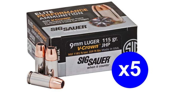 Image of SIG SAUER Elite V-Crown 9mm Luger 115 Grain Jacketed Hollow Point Brass Cased Centerfire Pistol Ammo